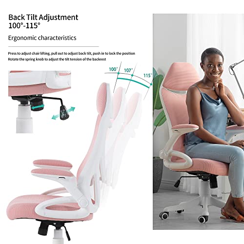 NORDICANA Pink Ergonomic Mesh Office Chair, High Back Desk Chair - with Upholstered Headrest, Flip-Up Arms, Tilt Function, Lumbar Support, Swivel Computer Task Chair