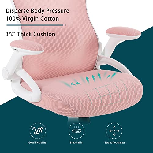 NORDICANA Pink Ergonomic Mesh Office Chair, High Back Desk Chair - with Upholstered Headrest, Flip-Up Arms, Tilt Function, Lumbar Support, Swivel Computer Task Chair