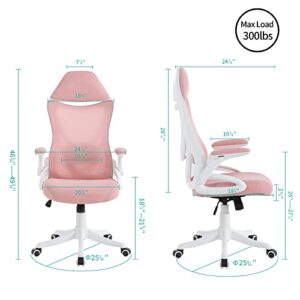 NORDICANA Pink Ergonomic Mesh Office Chair, High Back Desk Chair - with Upholstered Headrest, Flip-Up Arms, Tilt Function, Lumbar Support, Swivel Computer Task Chair