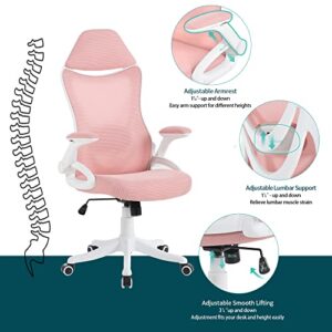 NORDICANA Pink Ergonomic Mesh Office Chair, High Back Desk Chair - with Upholstered Headrest, Flip-Up Arms, Tilt Function, Lumbar Support, Swivel Computer Task Chair