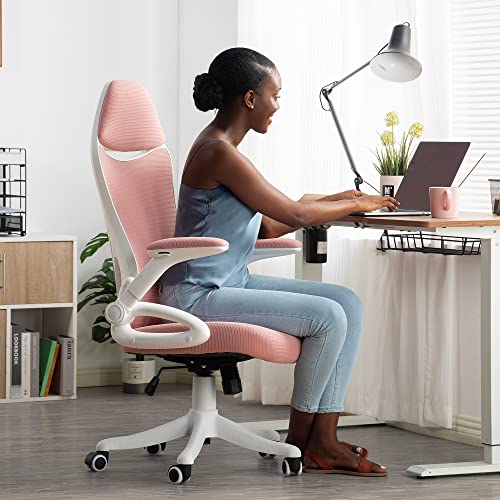 NORDICANA Pink Ergonomic Mesh Office Chair, High Back Desk Chair - with Upholstered Headrest, Flip-Up Arms, Tilt Function, Lumbar Support, Swivel Computer Task Chair