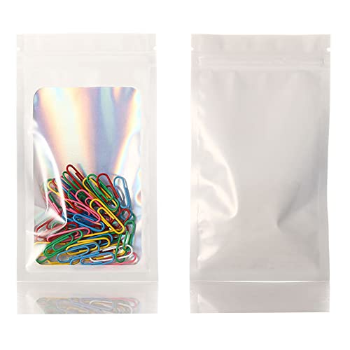 100 Pieces Smell Proof Bags Holographic Piecesaging Bags Storage Bag with Clear Window for Food Storage (White Color, 3x4.7 Inch)