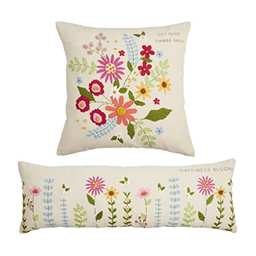 Mud Pie Embroidered Floral Canvas Pillow, Happiness