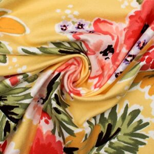 Texco Inc Poly Spandex Printed Medium Flowers DTY Brushed 4 Way Stretch Fabric, Banana Coral 2 Yards