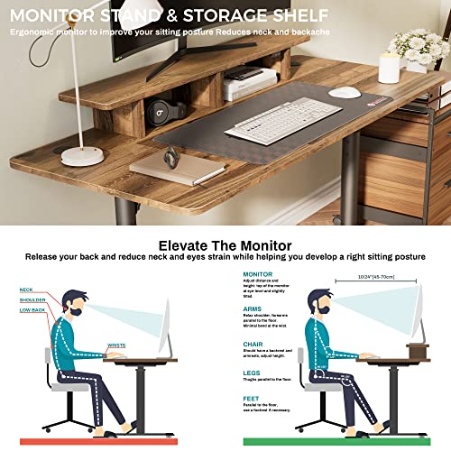 EUREKA ERGONOMIC 60 Inch Computer Desk Large Manual Height Adjustable Gaming Desk, Home Office Desk with Monitor Stand Shelf Led Lights Strips, Computer Desk with Dual 2 Monitor Mouse Pad, Brown