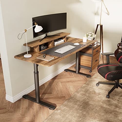 EUREKA ERGONOMIC 60 Inch Computer Desk Large Manual Height Adjustable Gaming Desk, Home Office Desk with Monitor Stand Shelf Led Lights Strips, Computer Desk with Dual 2 Monitor Mouse Pad, Brown