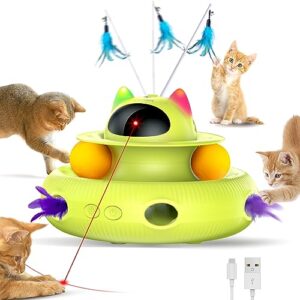 catism cat toys 4-in-1 interactive cat toy for indoor cats,electronic automatic cat pointer toys, cat feather toys track balls kitten toys, indoor exercise cat wand toy green