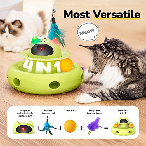 CATISM Cat Toys 4-in-1 Interactive Cat Toy for Indoor Cats,Electronic Automatic Cat Pointer Toys, Cat Feather Toys Track Balls Kitten Toys, Indoor Exercise Cat Wand Toy Green