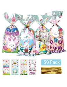 biginiwa easter gift bags 50pcs, clear cello cellophane plastic treat goodie bags with 50x twist ties