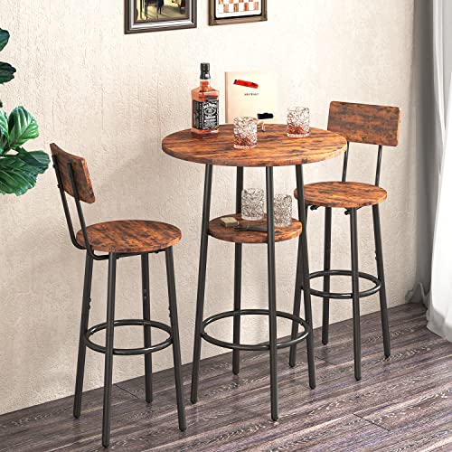 Tensun Bistro Table and Chairs Set of 2, 3-Piece Bar Table and Chairs, Small 2-Tier Round Pub Dining Table with Wooden Stools and Backrest, High Top Table for Kitchen Small Space