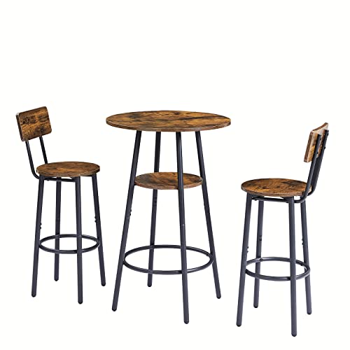 Tensun Bistro Table and Chairs Set of 2, 3-Piece Bar Table and Chairs, Small 2-Tier Round Pub Dining Table with Wooden Stools and Backrest, High Top Table for Kitchen Small Space