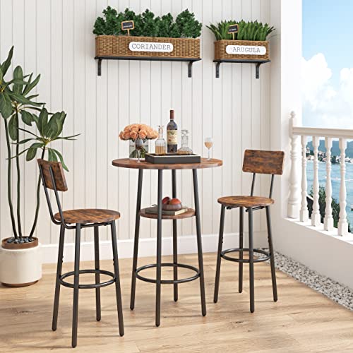 Tensun Bistro Table and Chairs Set of 2, 3-Piece Bar Table and Chairs, Small 2-Tier Round Pub Dining Table with Wooden Stools and Backrest, High Top Table for Kitchen Small Space