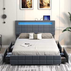 giantex queen bed frame with led lights and 4 drawers, upholstered platform bed frame with usb ports, tufted adjustable headboard design, solid wooden slat support, no box spring needed