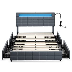 Giantex Queen Bed Frame with LED Lights and 4 Drawers, Upholstered Platform Bed Frame with USB Ports, Tufted Adjustable Headboard Design, Solid Wooden Slat Support, No Box Spring Needed