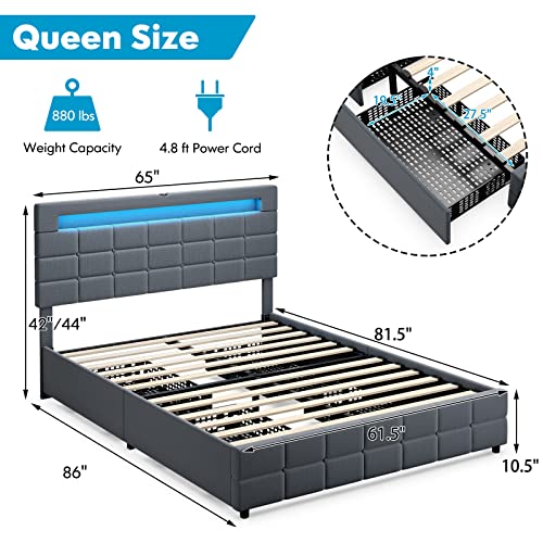 Giantex Queen Bed Frame with LED Lights and 4 Drawers, Upholstered Platform Bed Frame with USB Ports, Tufted Adjustable Headboard Design, Solid Wooden Slat Support, No Box Spring Needed