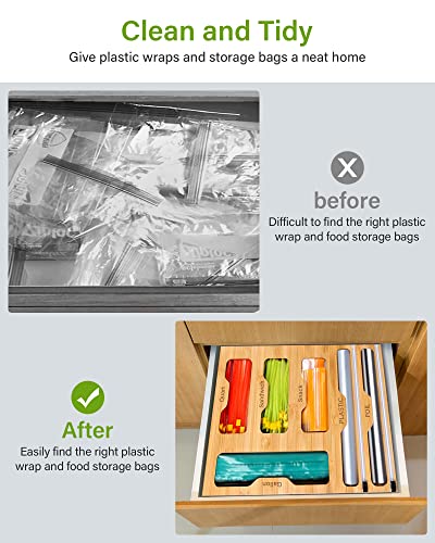 KOCWELL Ziplock Bag Organizer and Plastic Wrap Dispenser with Cutter & Under Sink Organizer Set