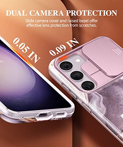 GVIEWIN Compatible with Samsung Galaxy S23 Case with Slide Camera Cover + Screen Protector, [10FT Military-Grade Drop Tested] Marble Slim Fit Shockproof Protective Phone Case 6.1" 2023(Burgundy/Gold)