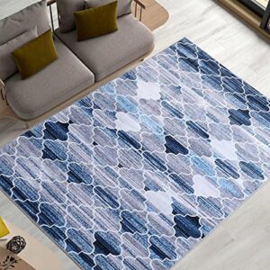 COZYLOOM Modern Area Rug, Vintage Moroccan Trellis Blue Area Rug for Living Room Bedroom, Non-Shed Washable Kitchen Throw Rugs Dining Room Home Floor Area Rug 5 * 8 FT