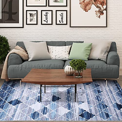 COZYLOOM Modern Area Rug, Vintage Moroccan Trellis Blue Area Rug for Living Room Bedroom, Non-Shed Washable Kitchen Throw Rugs Dining Room Home Floor Area Rug 5 * 8 FT