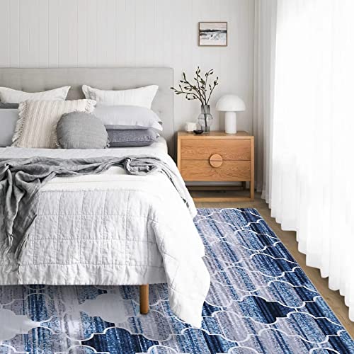 COZYLOOM Modern Area Rug, Vintage Moroccan Trellis Blue Area Rug for Living Room Bedroom, Non-Shed Washable Kitchen Throw Rugs Dining Room Home Floor Area Rug 5 * 8 FT