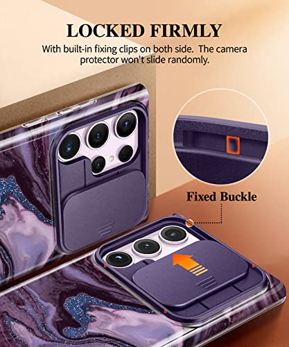 GVIEWIN Compatible with Samsung Galaxy S23 Ultra Case with Slide Camera Cover, [Military Grade Drop Protection] Slim Marble Shockproof Protective Phone Case Fit S23 Ultra 5G 6.8" (Quicksand/Purple)