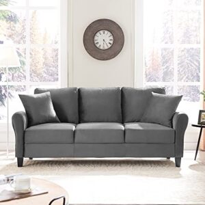 homtique 3 seater couch for living room,78 inches width modern velvet sofa comfy upholstered couches with 2 pillows for office apartment bedroom small space (grey)
