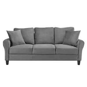 Homtique 3 Seater Couch for Living Room,78 Inches Width Modern Velvet Sofa Comfy Upholstered Couches with 2 Pillows for Office Apartment Bedroom Small Space (Grey)