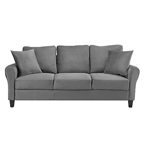 Homtique 3 Seater Couch for Living Room,78 Inches Width Modern Velvet Sofa Comfy Upholstered Couches with 2 Pillows for Office Apartment Bedroom Small Space (Grey)