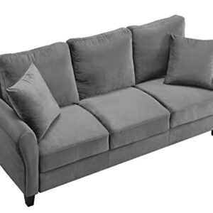 Homtique 3 Seater Couch for Living Room,78 Inches Width Modern Velvet Sofa Comfy Upholstered Couches with 2 Pillows for Office Apartment Bedroom Small Space (Grey)