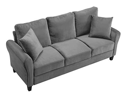 Homtique 3 Seater Couch for Living Room,78 Inches Width Modern Velvet Sofa Comfy Upholstered Couches with 2 Pillows for Office Apartment Bedroom Small Space (Grey)