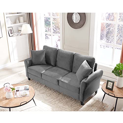 Homtique 3 Seater Couch for Living Room,78 Inches Width Modern Velvet Sofa Comfy Upholstered Couches with 2 Pillows for Office Apartment Bedroom Small Space (Grey)