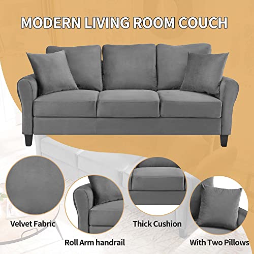 Homtique 3 Seater Couch for Living Room,78 Inches Width Modern Velvet Sofa Comfy Upholstered Couches with 2 Pillows for Office Apartment Bedroom Small Space (Grey)