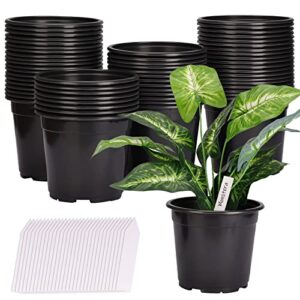 whonline 60 pack 6.6in nursery pots, plastic plant pots thickened soft seedling pots with plant label for flowers, succulents, seedlings cuttings transplanting indoor & outdoor (black, about 1 gallon)