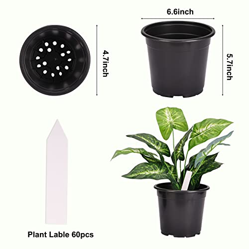 Whonline 60 Pack 6.6in Nursery Pots, Plastic Plant Pots Thickened Soft Seedling Pots with Plant Label for Flowers, Succulents, Seedlings Cuttings Transplanting Indoor & Outdoor (Black, About 1 Gallon)