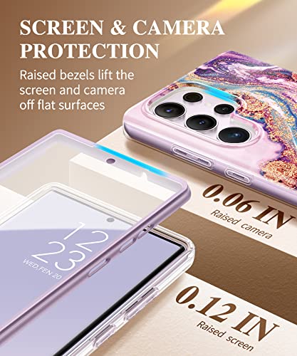 GVIEWIN for Samsung Galaxy S23 Ultra Case 5G 6.8", [Built-in Screen Protector + Camera Lens Protector ][2 Front Frames] Military Grade Shockproof, Marble Protective Phone Cover(Dreamland River/Purple)