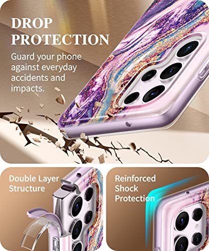 GVIEWIN for Samsung Galaxy S23 Ultra Case 5G 6.8", [Built-in Screen Protector + Camera Lens Protector ][2 Front Frames] Military Grade Shockproof, Marble Protective Phone Cover(Dreamland River/Purple)