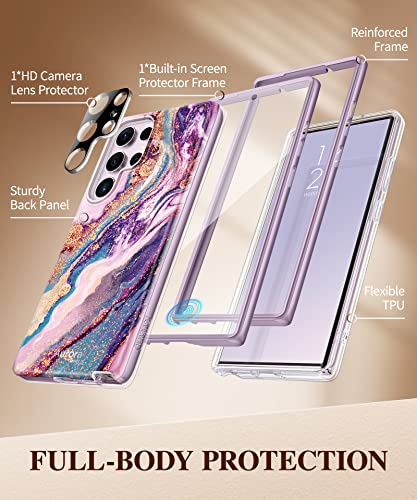 GVIEWIN for Samsung Galaxy S23 Ultra Case 5G 6.8", [Built-in Screen Protector + Camera Lens Protector ][2 Front Frames] Military Grade Shockproof, Marble Protective Phone Cover(Dreamland River/Purple)