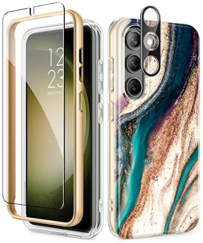 GVIEWIN Compatible with Samsung Galaxy S23 Case with Screen Protector + Camera Lens Protector, [21FT Military Grade Drop Test] Full Body Protection Rugged Marble Case Cover(Drift Sand/Brown)