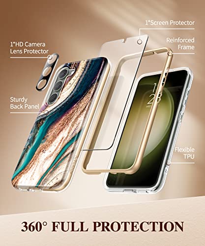 GVIEWIN Compatible with Samsung Galaxy S23 Case with Screen Protector + Camera Lens Protector, [21FT Military Grade Drop Test] Full Body Protection Rugged Marble Case Cover(Drift Sand/Brown)