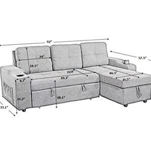 MOEO L-Shape Sleeper Sectional Sofa with Pull-Out Bed and Storage Space, Convertible Left/Right Couch w/Chaise Longue, 2 Cup Holders & Side Pockets for Living Room, Home, Apartment, 92", Dark Gray