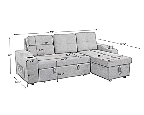 MOEO L-Shape Sleeper Sectional Sofa with Pull-Out Bed and Storage Space, Convertible Left/Right Couch w/Chaise Longue, 2 Cup Holders & Side Pockets for Living Room, Home, Apartment, 92", Dark Gray