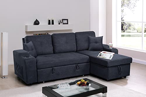 MOEO L-Shape Sleeper Sectional Sofa with Pull-Out Bed and Storage Space, Convertible Left/Right Couch w/Chaise Longue, 2 Cup Holders & Side Pockets for Living Room, Home, Apartment, 92", Dark Gray