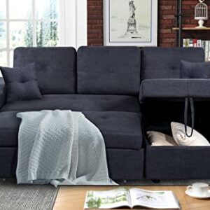 MOEO L-Shape Sleeper Sectional Sofa with Pull-Out Bed and Storage Space, Convertible Left/Right Couch w/Chaise Longue, 2 Cup Holders & Side Pockets for Living Room, Home, Apartment, 92", Dark Gray