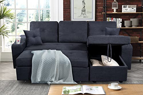 MOEO L-Shape Sleeper Sectional Sofa with Pull-Out Bed and Storage Space, Convertible Left/Right Couch w/Chaise Longue, 2 Cup Holders & Side Pockets for Living Room, Home, Apartment, 92", Dark Gray