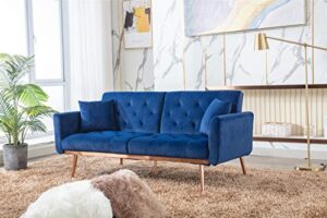woanke mid century modern velvet fabric home living room bedroom, convertible futon bed, accent sofa recliner, golden metal legs, 2 couch pillows, navy