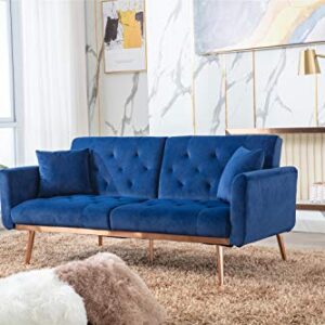 Woanke Mid Century Modern Velvet Fabric Home Living Room Bedroom, Convertible Futon Bed, Accent Sofa Recliner, Golden Metal Legs, 2 Couch Pillows, Navy