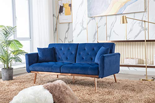 Woanke Mid Century Modern Velvet Fabric Home Living Room Bedroom, Convertible Futon Bed, Accent Sofa Recliner, Golden Metal Legs, 2 Couch Pillows, Navy