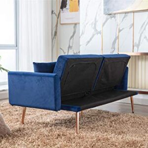 Woanke Mid Century Modern Velvet Fabric Home Living Room Bedroom, Convertible Futon Bed, Accent Sofa Recliner, Golden Metal Legs, 2 Couch Pillows, Navy