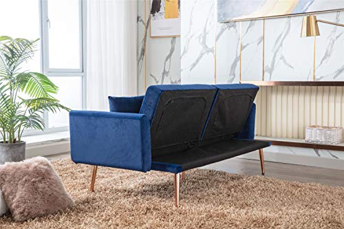 Woanke Mid Century Modern Velvet Fabric Home Living Room Bedroom, Convertible Futon Bed, Accent Sofa Recliner, Golden Metal Legs, 2 Couch Pillows, Navy