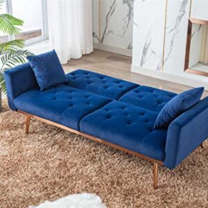 Woanke Mid Century Modern Velvet Fabric Home Living Room Bedroom, Convertible Futon Bed, Accent Sofa Recliner, Golden Metal Legs, 2 Couch Pillows, Navy